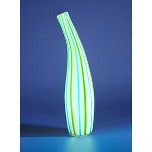 Hand Blown Art Glass Vase 13.5” Blue Green White Ribbon Stripe Murano Style